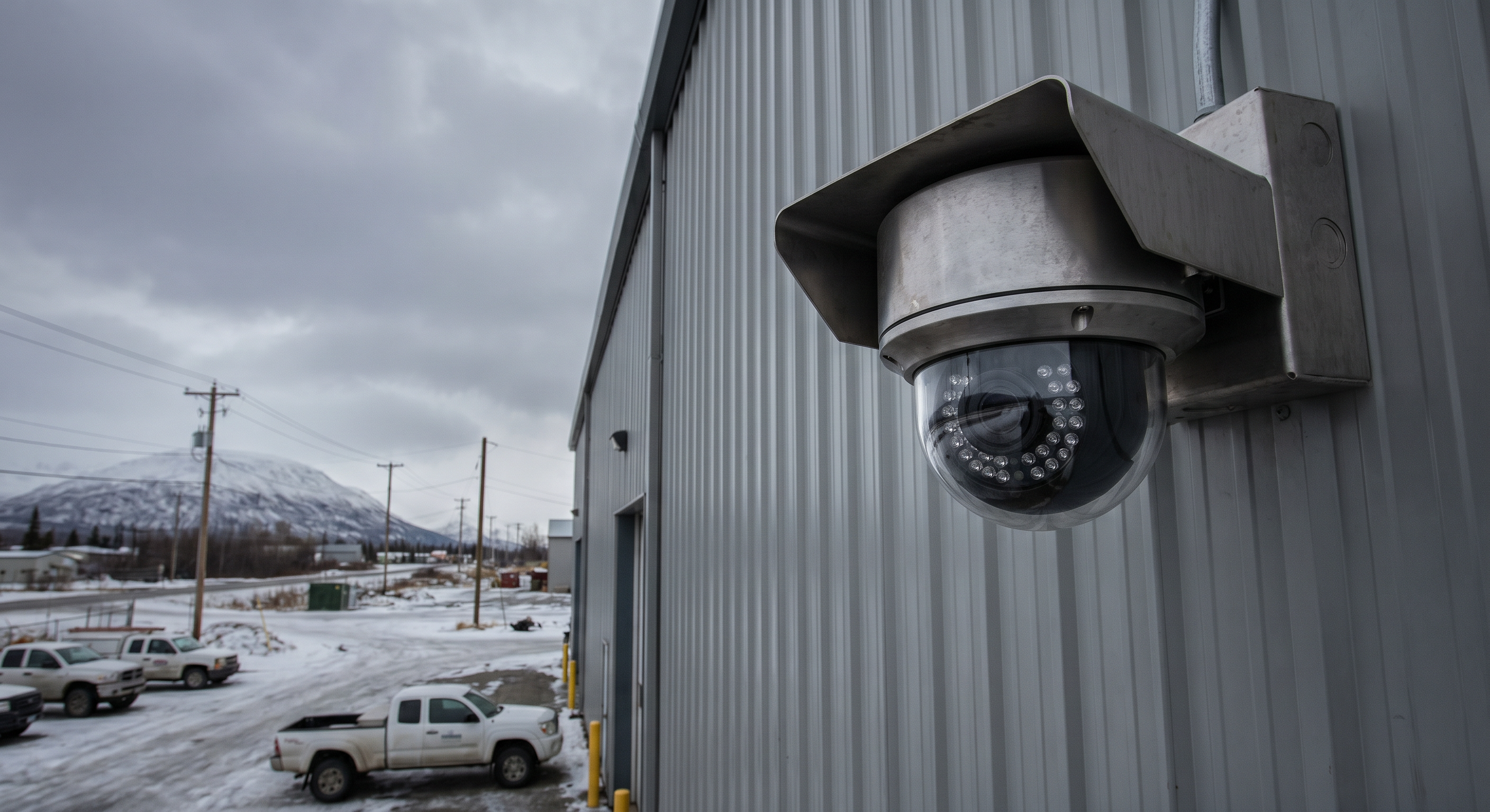 Professional security camera with weatherproof housing installed on commercial building in Alaska